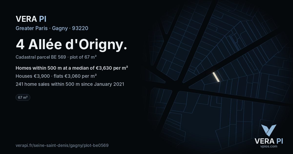 4 Allée d'Origny, Gagny at night – the plot lit, the parcels around coloured by the prices near them