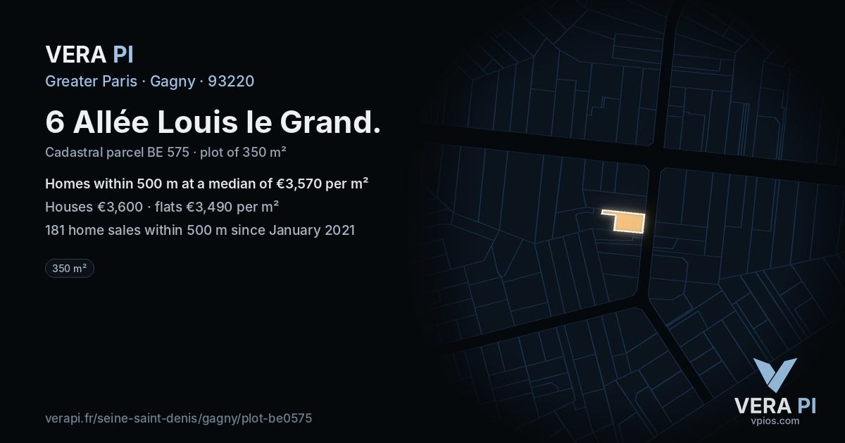 6 Allée Louis le Grand, Gagny at night – the plot lit, the parcels around coloured by the prices near them