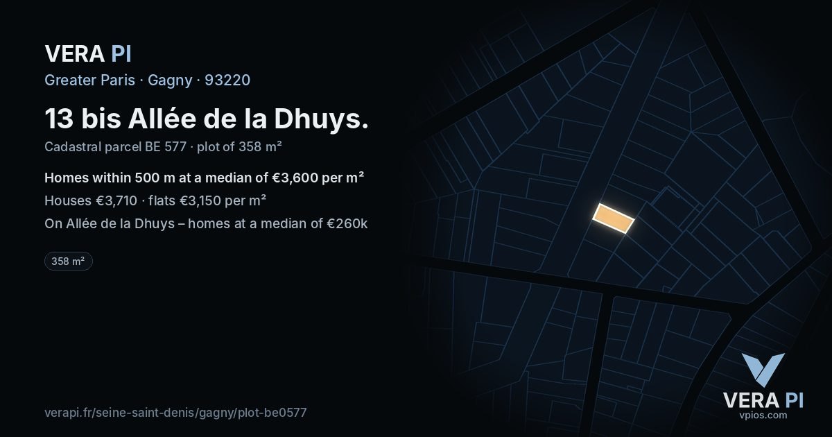 13 bis Allée de la Dhuys, Gagny at night – the plot lit, the parcels around coloured by the prices near them
