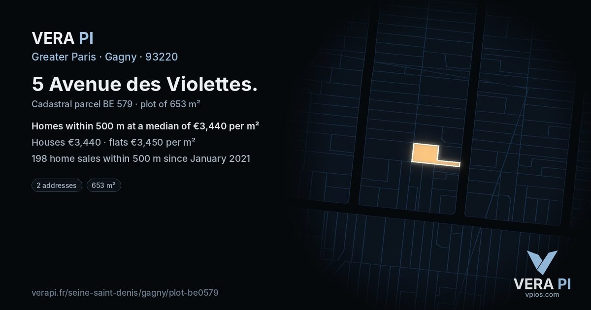 5 Avenue des Violettes, Gagny at night – the plot lit, the parcels around coloured by the prices near them