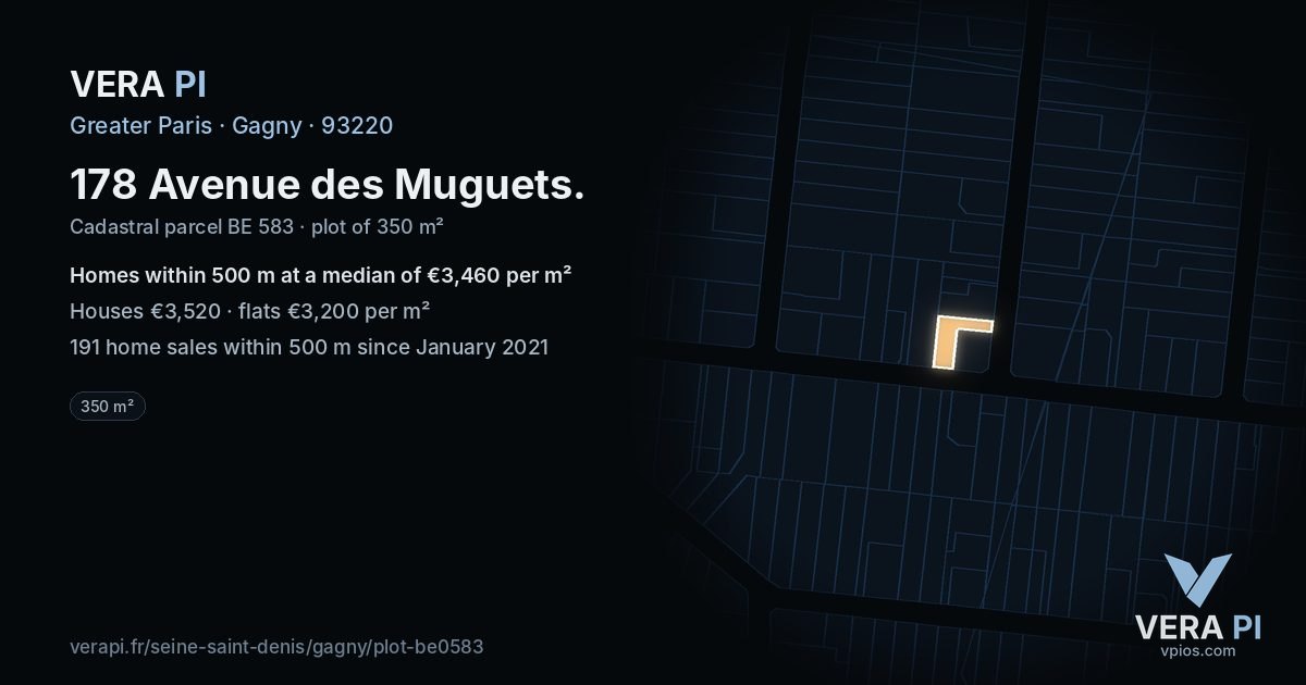 178 Avenue des Muguets, Gagny at night – the plot lit, the parcels around coloured by the prices near them