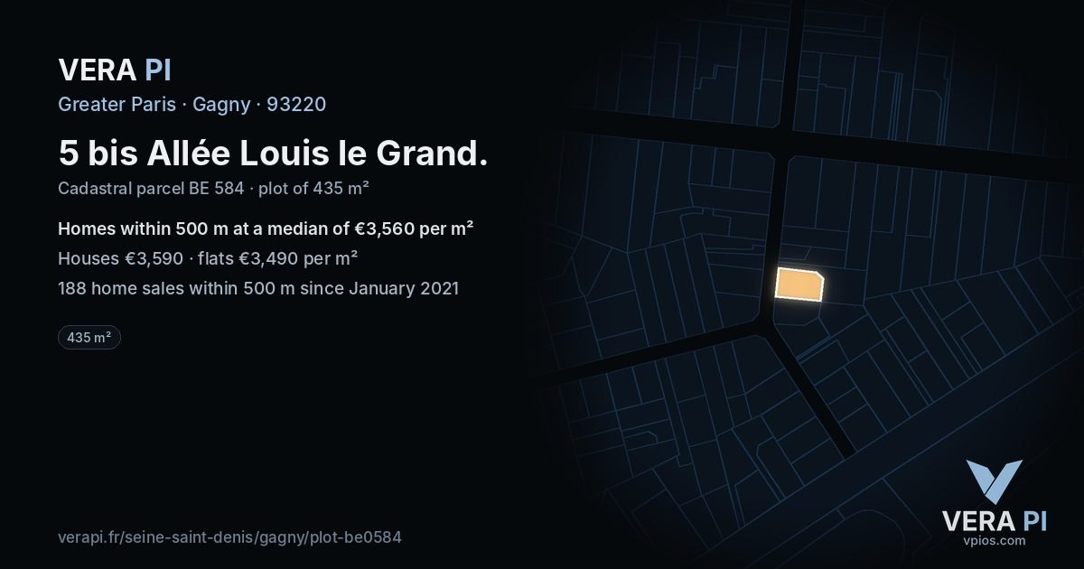 5 bis Allée Louis le Grand, Gagny at night – the plot lit, the parcels around coloured by the prices near them