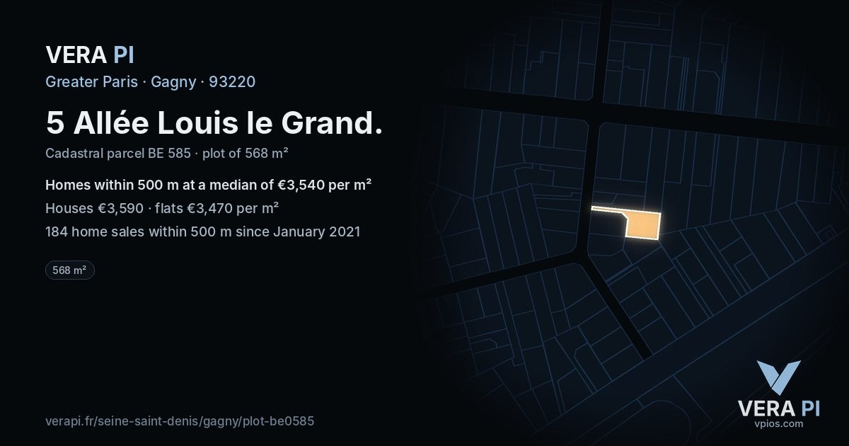 5 Allée Louis le Grand, Gagny at night – the plot lit, the parcels around coloured by the prices near them