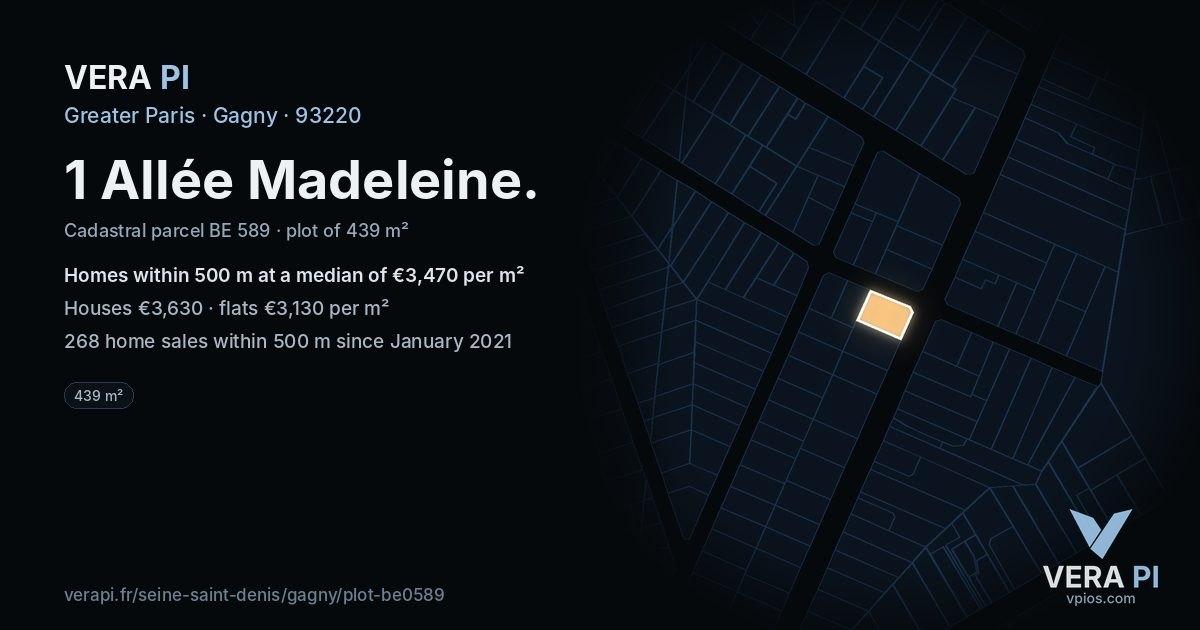 1 Allée Madeleine, Gagny at night – the plot lit, the parcels around coloured by the prices near them