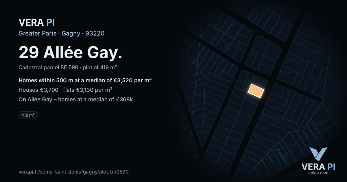 29 Allée Gay, Gagny at night – the plot lit, the parcels around coloured by the prices near them