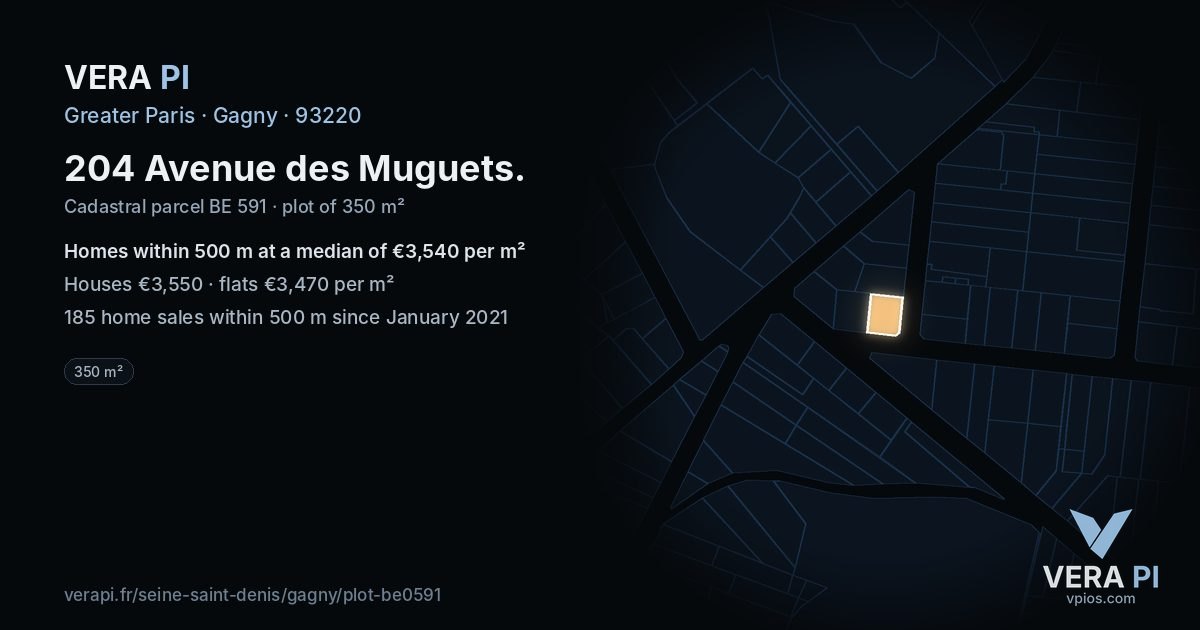204 Avenue des Muguets, Gagny at night – the plot lit, the parcels around coloured by the prices near them