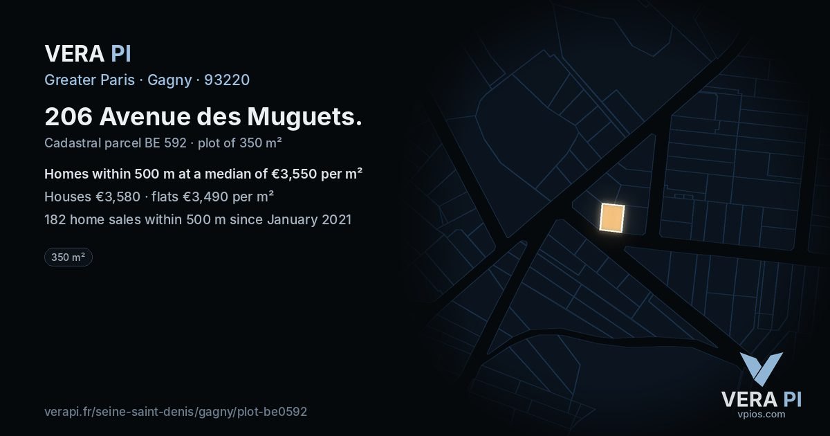 206 Avenue des Muguets, Gagny at night – the plot lit, the parcels around coloured by the prices near them