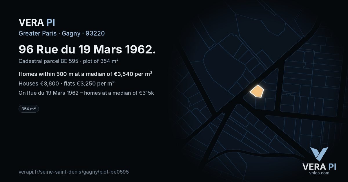 96 Rue du 19 Mars 1962, Gagny at night – the plot lit, the parcels around coloured by the prices near them