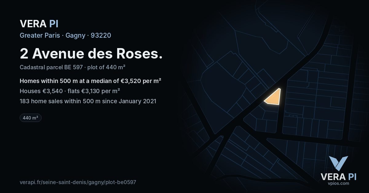 2 Avenue des Roses, Gagny at night – the plot lit, the parcels around coloured by the prices near them