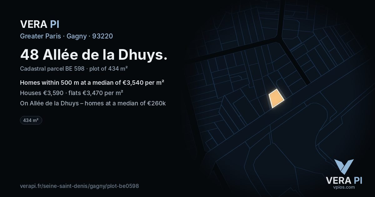 48 Allée de la Dhuys, Gagny at night – the plot lit, the parcels around coloured by the prices near them