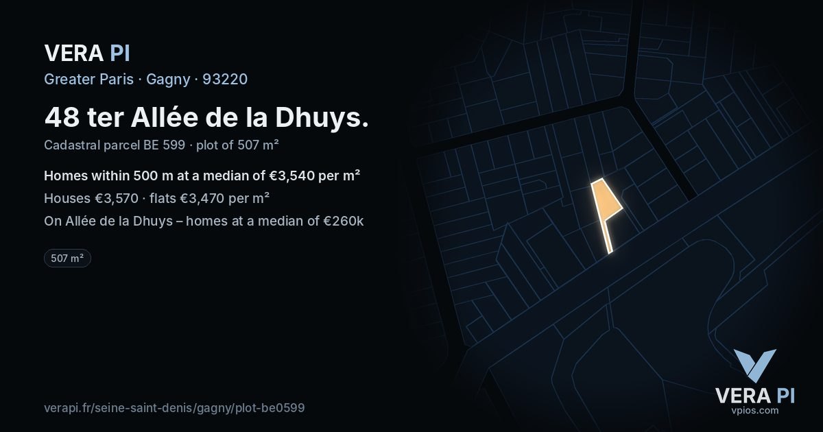 48 ter Allée de la Dhuys, Gagny at night – the plot lit, the parcels around coloured by the prices near them