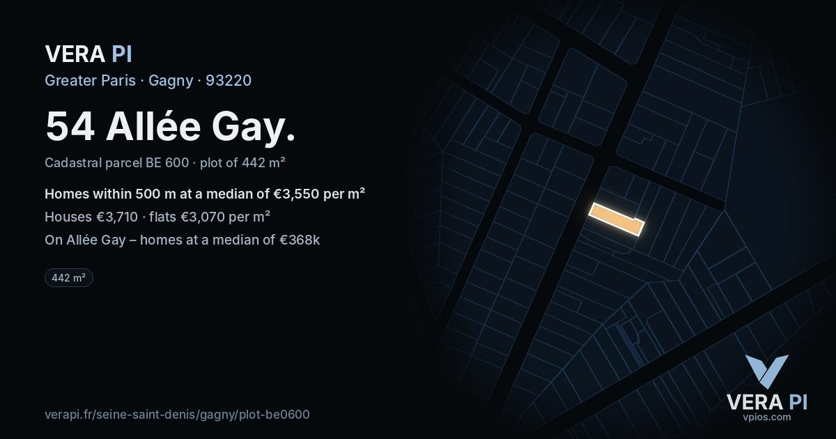 54 Allée Gay, Gagny at night – the plot lit, the parcels around coloured by the prices near them