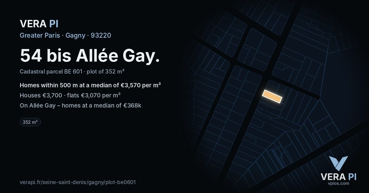 54 bis Allée Gay, Gagny at night – the plot lit, the parcels around coloured by the prices near them