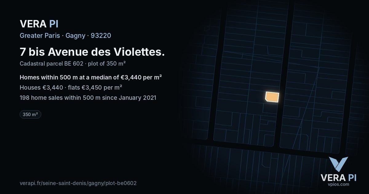 7 bis Avenue des Violettes, Gagny at night – the plot lit, the parcels around coloured by the prices near them