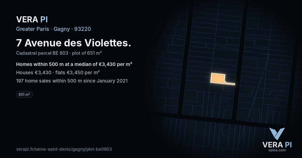 7 Avenue des Violettes, Gagny at night – the plot lit, the parcels around coloured by the prices near them