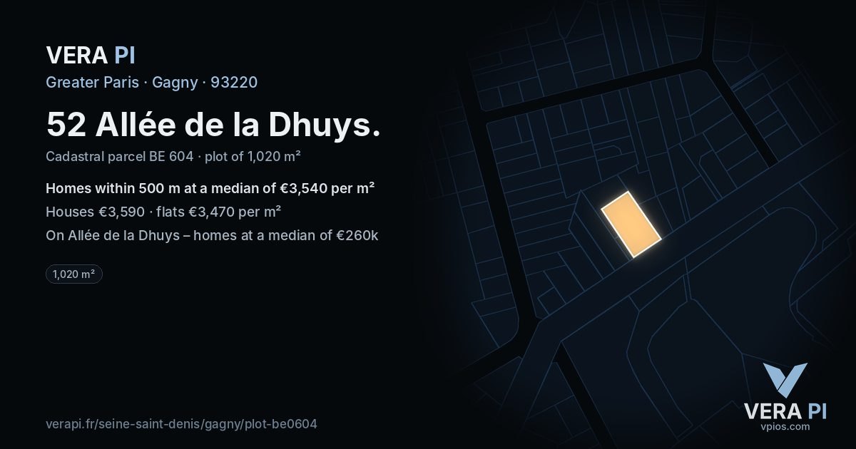 52 Allée de la Dhuys, Gagny at night – the plot lit, the parcels around coloured by the prices near them