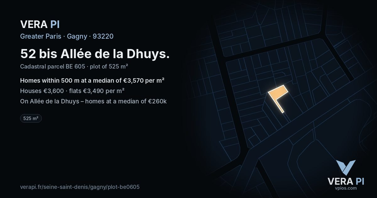 52 bis Allée de la Dhuys, Gagny at night – the plot lit, the parcels around coloured by the prices near them