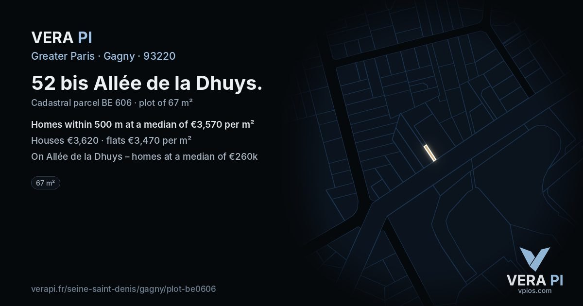 52 bis Allée de la Dhuys, Gagny at night – the plot lit, the parcels around coloured by the prices near them