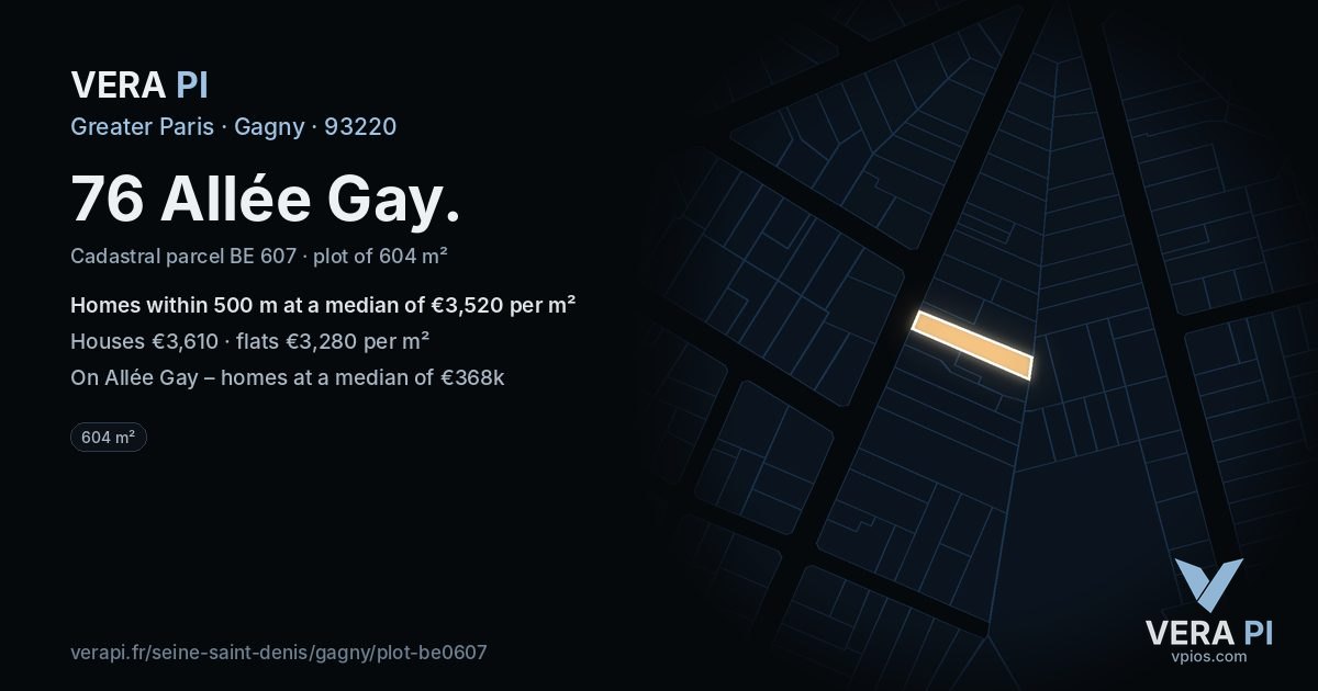 76 Allée Gay, Gagny at night – the plot lit, the parcels around coloured by the prices near them
