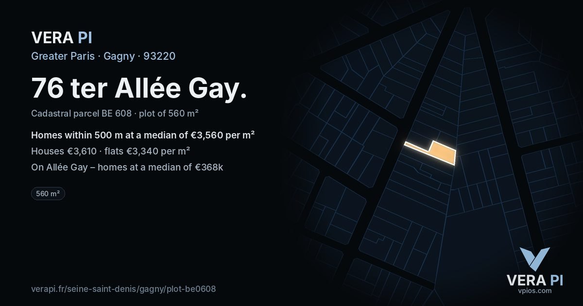 76 ter Allée Gay, Gagny at night – the plot lit, the parcels around coloured by the prices near them
