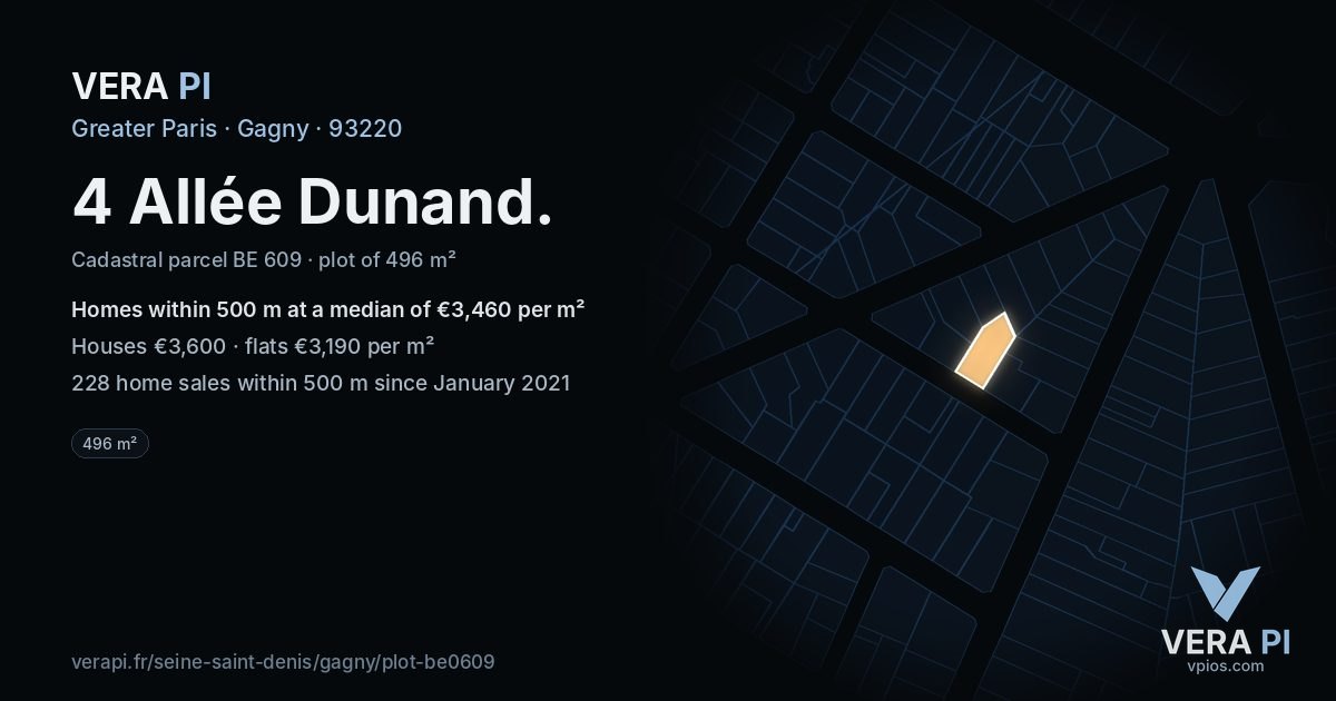 4 Allée Dunand, Gagny at night – the plot lit, the parcels around coloured by the prices near them