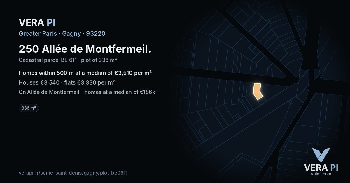 250 Allée de Montfermeil, Gagny at night – the plot lit, the parcels around coloured by the prices near them