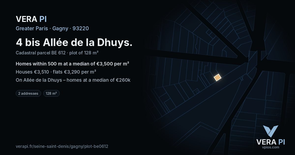 4 bis Allée de la Dhuys, Gagny at night – the plot lit, the parcels around coloured by the prices near them
