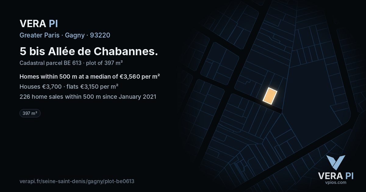 5 bis Allée de Chabannes, Gagny at night – the plot lit, the parcels around coloured by the prices near them