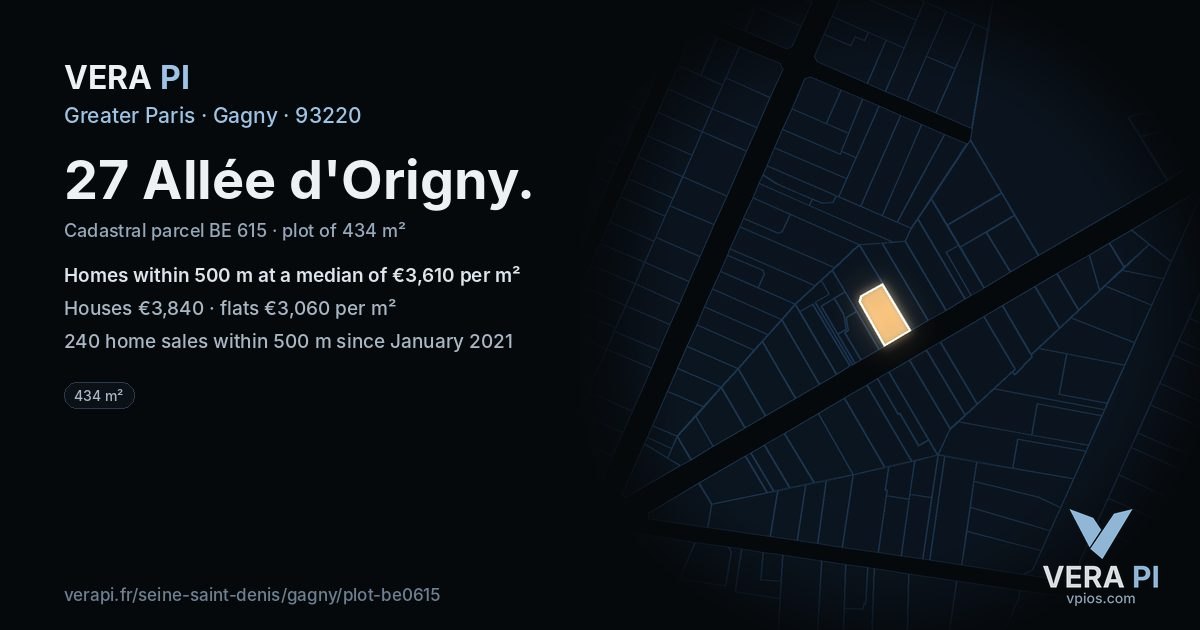 27 Allée d'Origny, Gagny at night – the plot lit, the parcels around coloured by the prices near them
