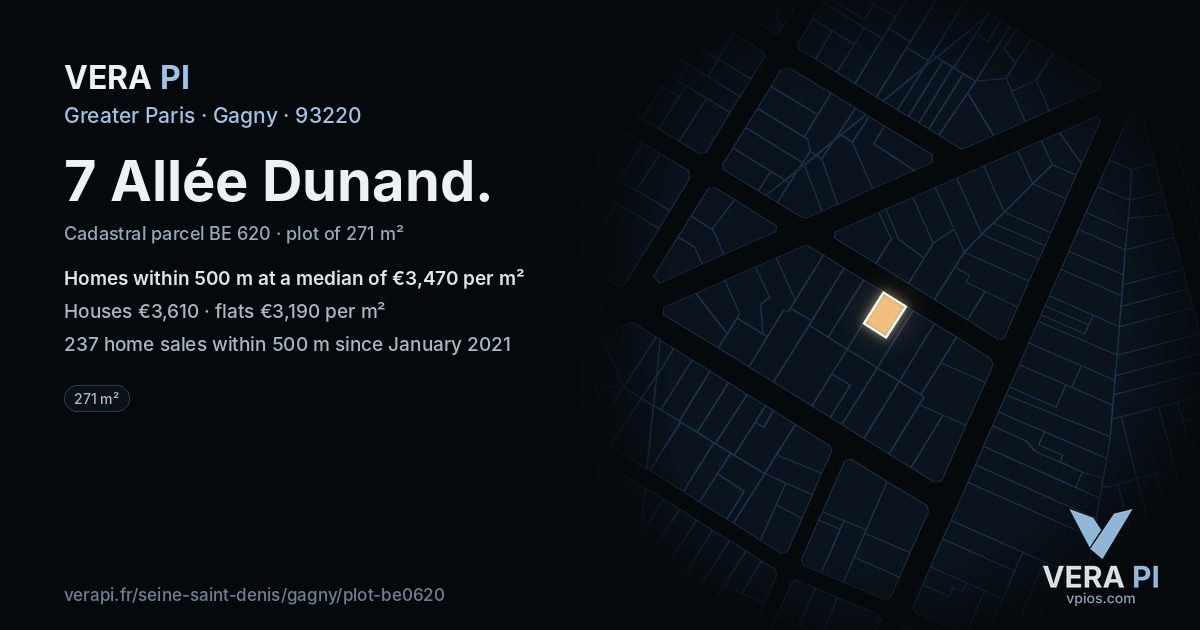 7 Allée Dunand, Gagny at night – the plot lit, the parcels around coloured by the prices near them