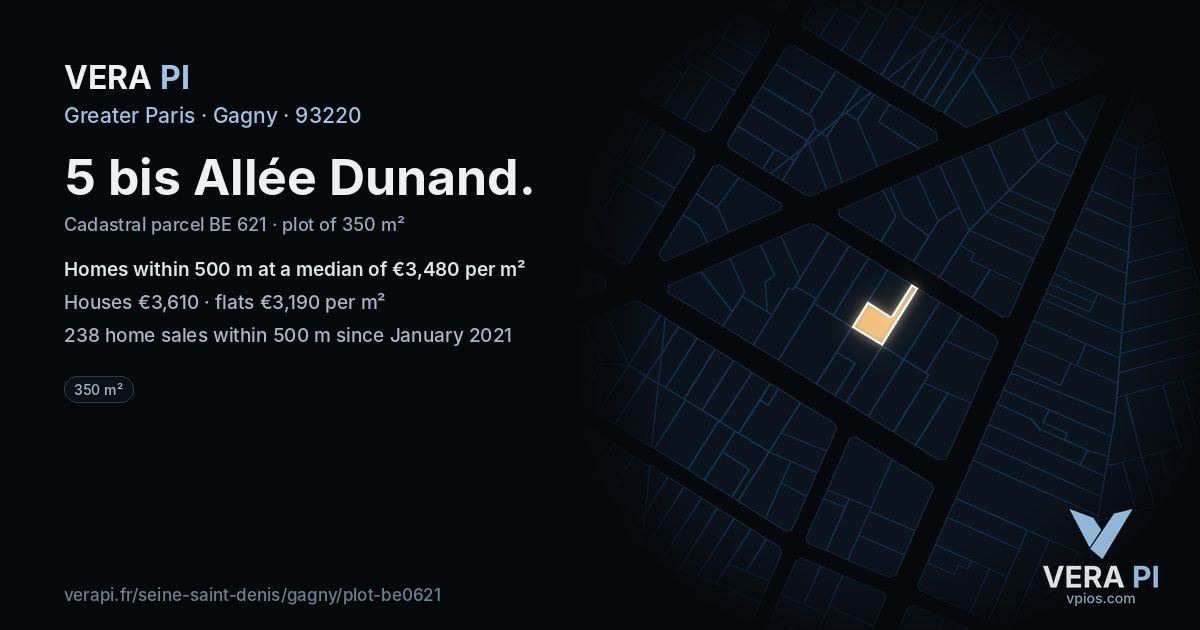 5 bis Allée Dunand, Gagny at night – the plot lit, the parcels around coloured by the prices near them