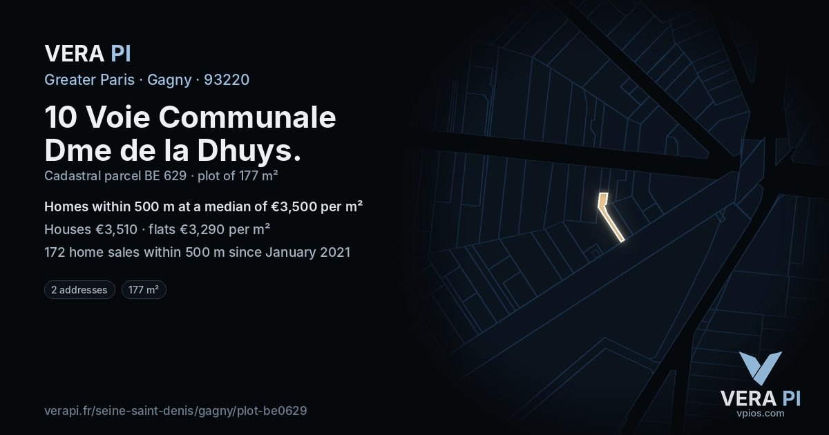 10 Voie Communale Dme de la Dhuys, Gagny at night – the plot lit, the parcels around coloured by the prices near them