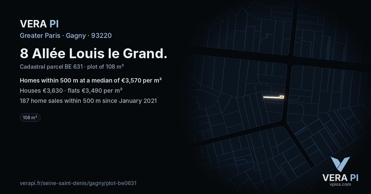 8 Allée Louis le Grand, Gagny at night – the plot lit, the parcels around coloured by the prices near them