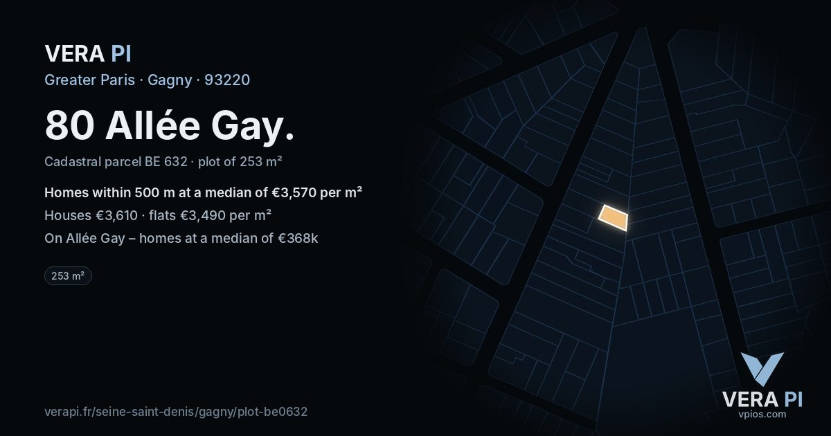80 Allée Gay, Gagny at night – the plot lit, the parcels around coloured by the prices near them