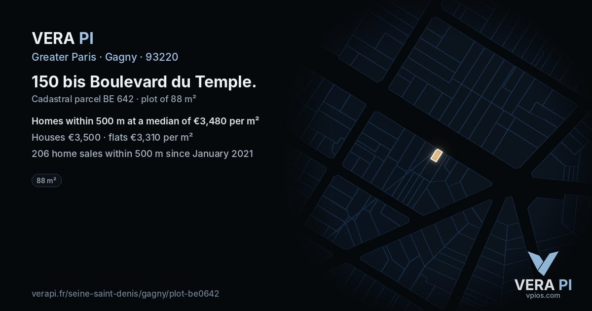 150 bis Boulevard du Temple, Gagny at night – the plot lit, the parcels around coloured by the prices near them
