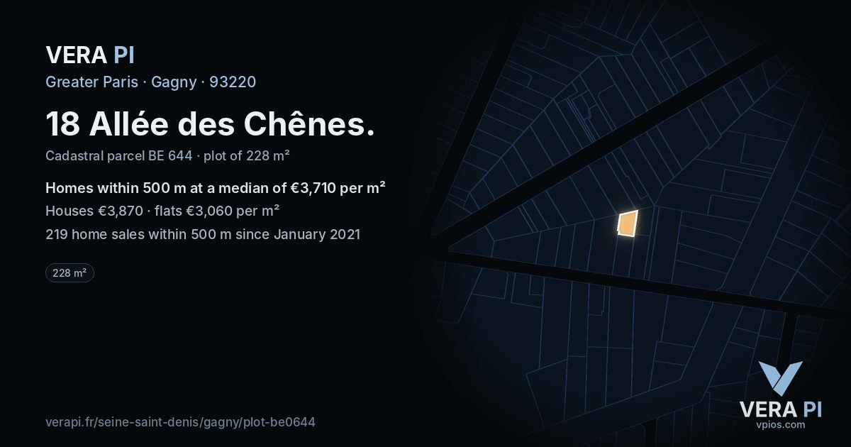 18 Allée des Chênes, Gagny at night – the plot lit, the parcels around coloured by the prices near them