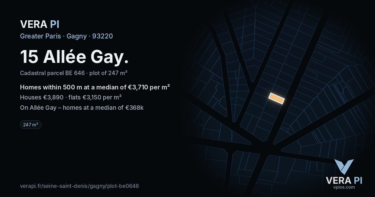 15 Allée Gay, Gagny at night – the plot lit, the parcels around coloured by the prices near them