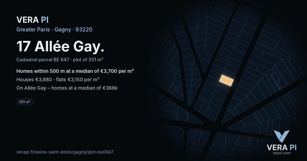 17 Allée Gay, Gagny at night – the plot lit, the parcels around coloured by the prices near them