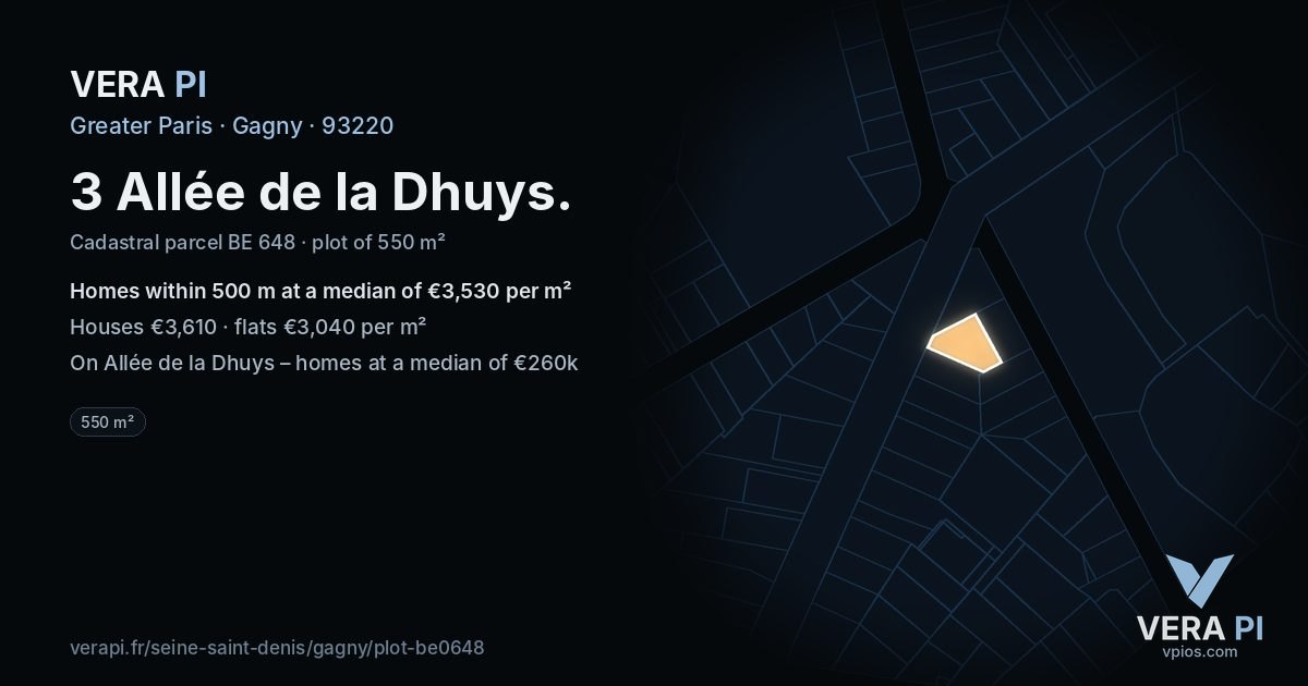 3 Allée de la Dhuys, Gagny at night – the plot lit, the parcels around coloured by the prices near them
