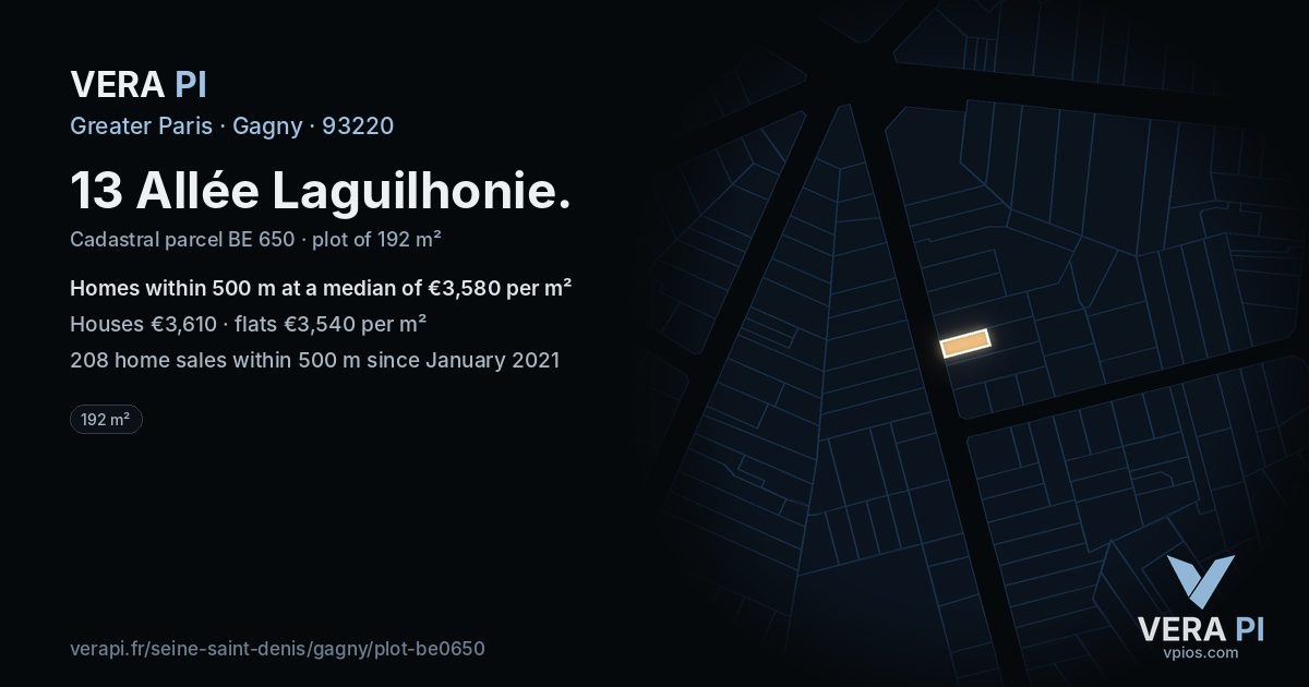 13 Allée Laguilhonie, Gagny at night – the plot lit, the parcels around coloured by the prices near them