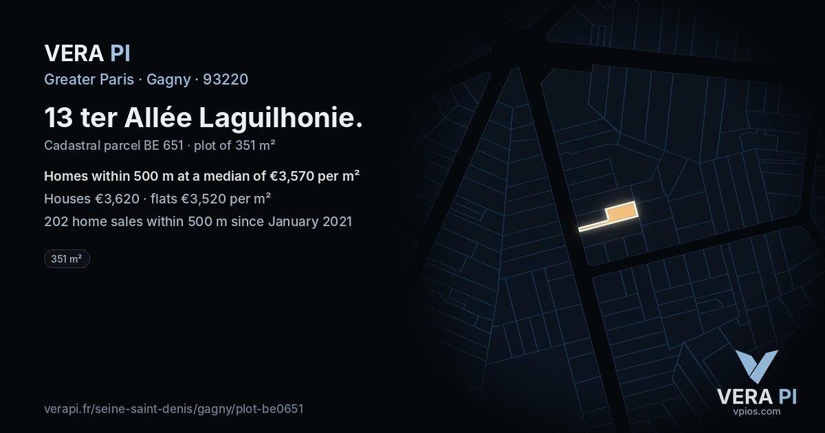 13 ter Allée Laguilhonie, Gagny at night – the plot lit, the parcels around coloured by the prices near them