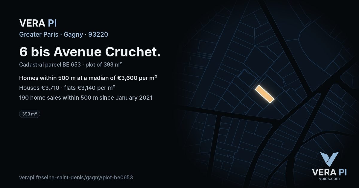 6 bis Avenue Cruchet, Gagny at night – the plot lit, the parcels around coloured by the prices near them