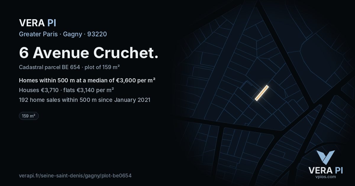 6 Avenue Cruchet, Gagny at night – the plot lit, the parcels around coloured by the prices near them