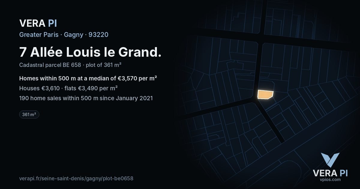7 Allée Louis le Grand, Gagny at night – the plot lit, the parcels around coloured by the prices near them