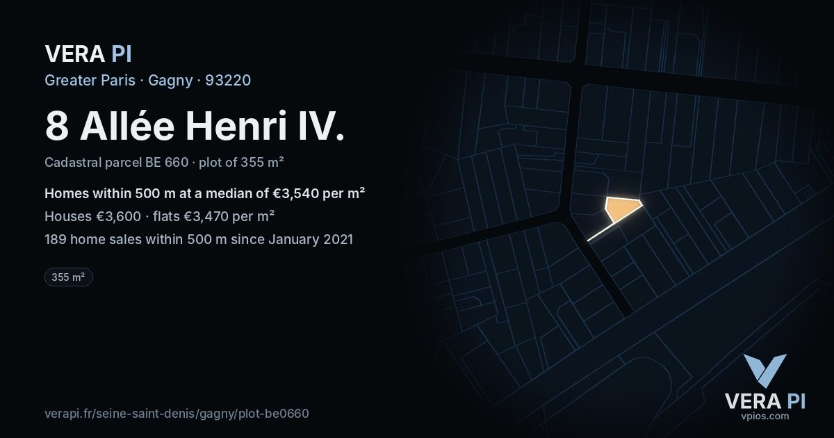 8 Allée Henri IV, Gagny at night – the plot lit, the parcels around coloured by the prices near them