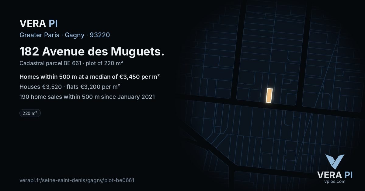 182 Avenue des Muguets, Gagny at night – the plot lit, the parcels around coloured by the prices near them