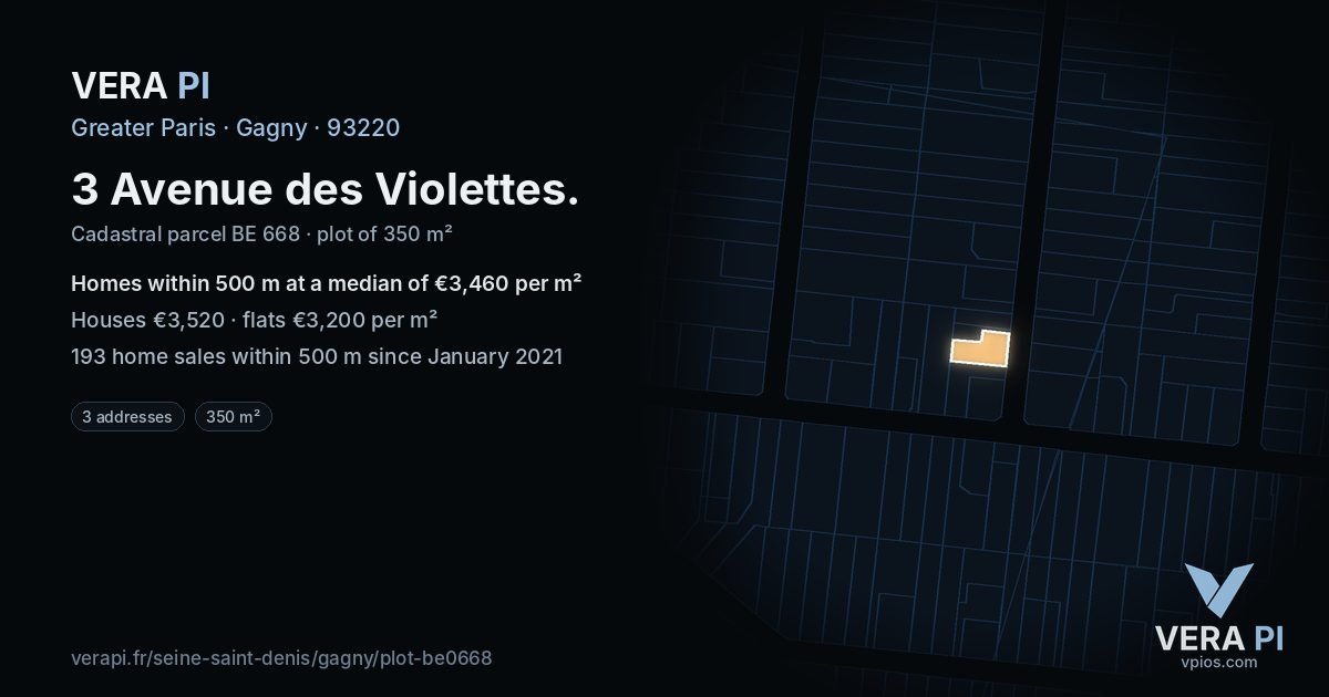 3 Avenue des Violettes, Gagny at night – the plot lit, the parcels around coloured by the prices near them