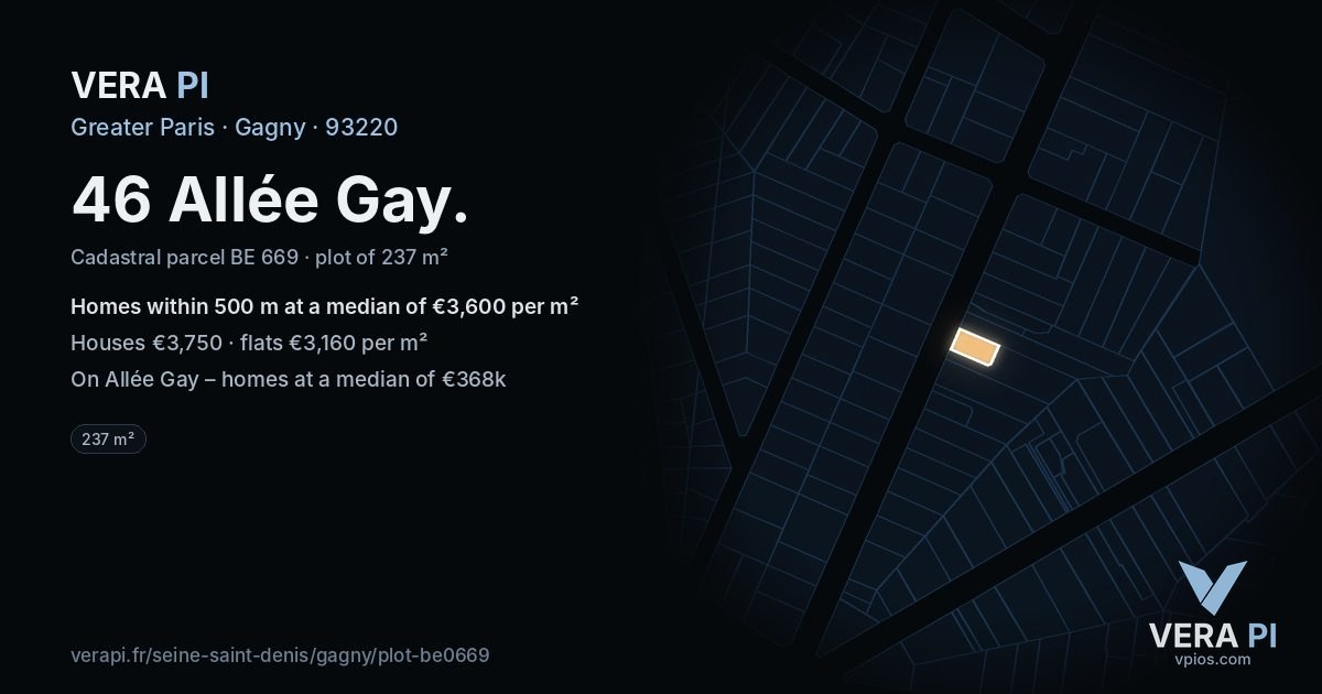 46 Allée Gay, Gagny at night – the plot lit, the parcels around coloured by the prices near them