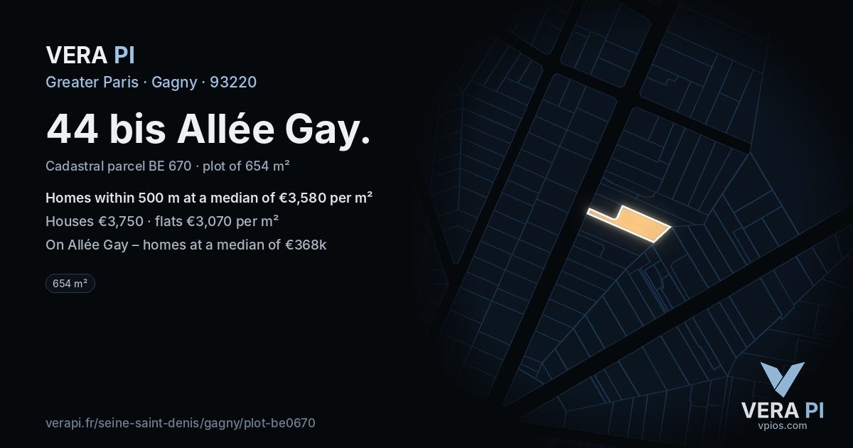 44 bis Allée Gay, Gagny at night – the plot lit, the parcels around coloured by the prices near them
