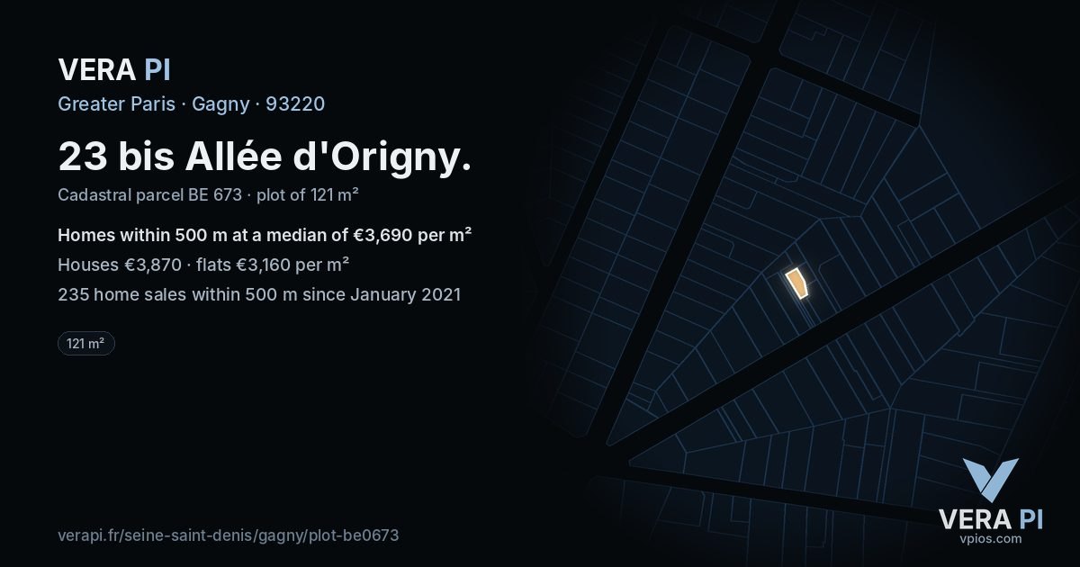 23 bis Allée d'Origny, Gagny at night – the plot lit, the parcels around coloured by the prices near them